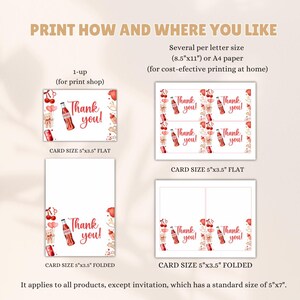 May include: A variety of thank you card designs with the text "Thank you!" in red script. The cards feature illustrations of cherries, teddy bears, and soda bottles. The image includes flat and folded card options, with sizes of 5"x3.5".