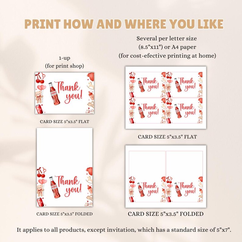 May include: A variety of thank you card designs with the text "Thank you!" in red script. The cards feature illustrations of cherries, teddy bears, and soda bottles. The image includes flat and folded card options, with sizes of 5"x3.5".