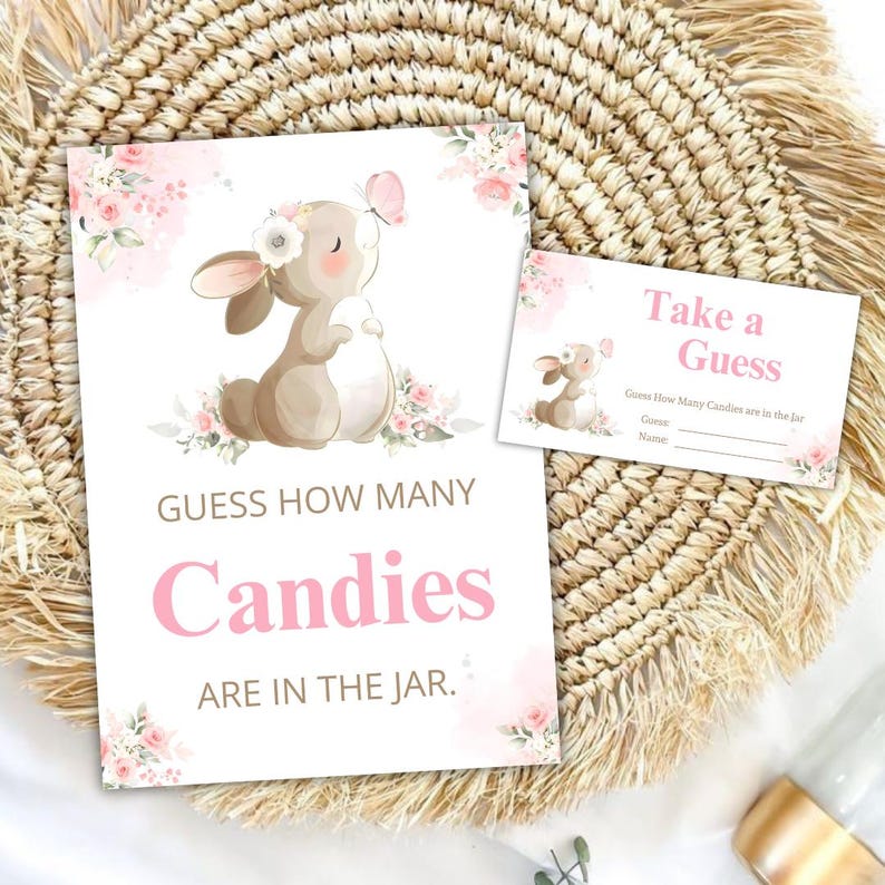 May include: Two cards with a bunny theme. One card says "Guess How Many Candies Are In The Jar" in pink text. The other card says "Take a Guess" and has space for a guess and name. Both cards have floral and bunny illustrations.