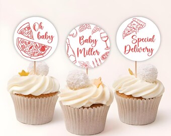 Editable Pizza Special Delivery Cupcake Toppers A Special Delivery is On The Way Baby Shower Pizza Gender Neutral Slice Slice Baby PD02