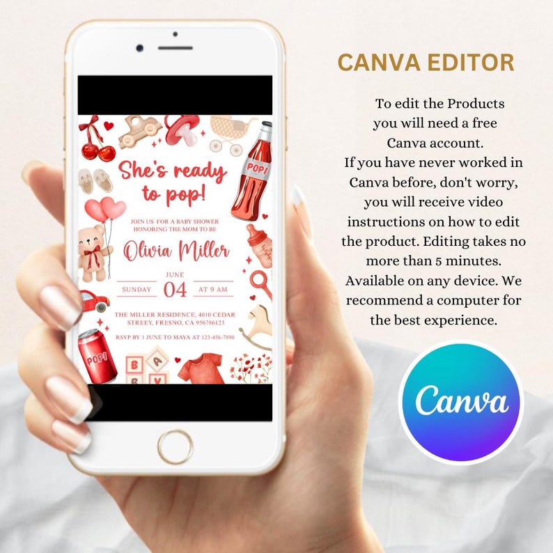 May include: A smartphone displays a baby shower invitation with the text "She's ready to pop!" in red. The invitation includes illustrations of baby-related items like a teddy bear, a baby bottle, and a toy car. The Canva logo is visible.