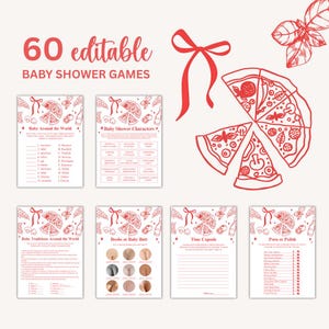 Op de afbeelding: Een set van zes afdrukbare babyshower spellen met rode pizzapunten en strik illustraties. De tekst luidt "60 editable BABY SHOWER GAMES". Spellen omvatten "Baby Around the World", "Baby Shower Characters" en "Time Capsule".