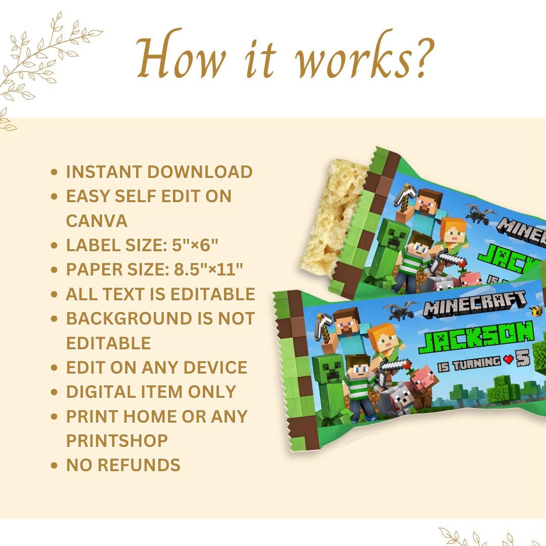 Minecraft Rice Krispies Treats Wrapper Label Minecraft Game Rice Krispie Label Birthday Party Bundle Steve and Alex Party Treats MIN01