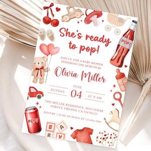 May include: Baby shower invitation with watercolour illustrations in red and beige. The invitation includes the text "She's ready to pop!" and details for Olivia Miller's baby shower, including the date, time, and location.