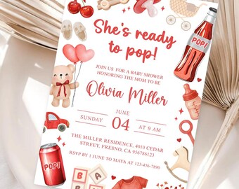 Invitación "Ella está lista para estallar" para baby shower. Plantilla de invitación "Ella está lista para estallar" con temática de género neutro en rojo para fiesta de bebé, niño y niña. POP02