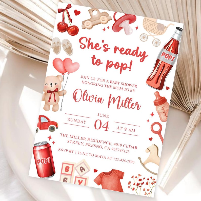 May include: Baby shower invitation with watercolour illustrations in red and beige. The invitation includes the text "She's ready to pop!" and details for Olivia Miller's baby shower, including the date, time, and location.