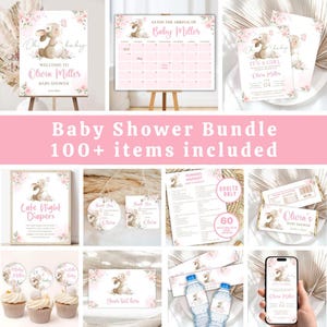 Puede incluir: Un paquete de baby shower con más de 100 artículos, incluyendo invitaciones, letreros y decoraciones. El diseño presenta una linda ilustración de conejito con acentos florales en rosa y beige. El texto incluye "Bienvenida a Olivia Miller Baby Shower."