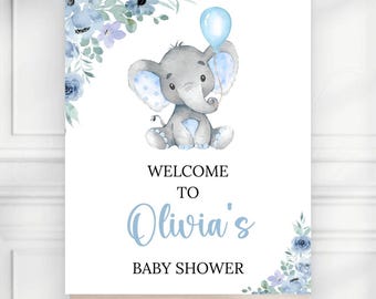 Blauwe olifant babyshower welkomstbordje Een klein penaut welkomstbordje jongen doopposter schattige olifant feest ELE01