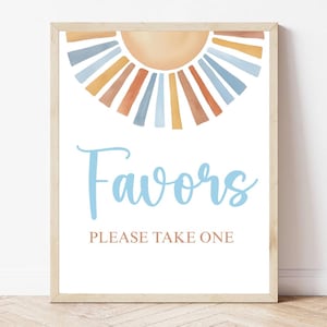 Bearbeitbares Bevorzugungs-Schilderspiel hier kommt der Sohn-Babyparty-Tischschild Sonshine-Babyparty, Jungen-Babyparty-blauer Junge-Sonnenschein-Dekor SUN01