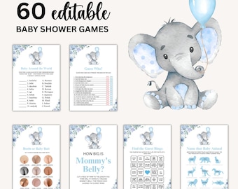Peut inclure: Ensemble de 60 jeux de baby shower modifiables. L'illustration présente un éléphant gris tenant un ballon bleu. Les jeux incluent "Baby Around the World", "Guess Who?" et "How Big is Mommy's Belly?" dans un design floral bleu.