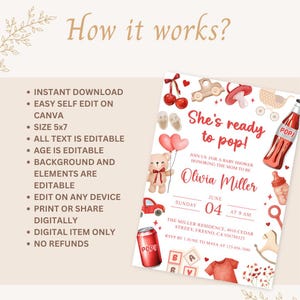 May include: A baby shower invitation with the text "She's ready to pop!" and details for Olivia Miller's shower. The design includes illustrations of baby-related items in red and beige, such as a teddy bear, car, and baby bottle.
