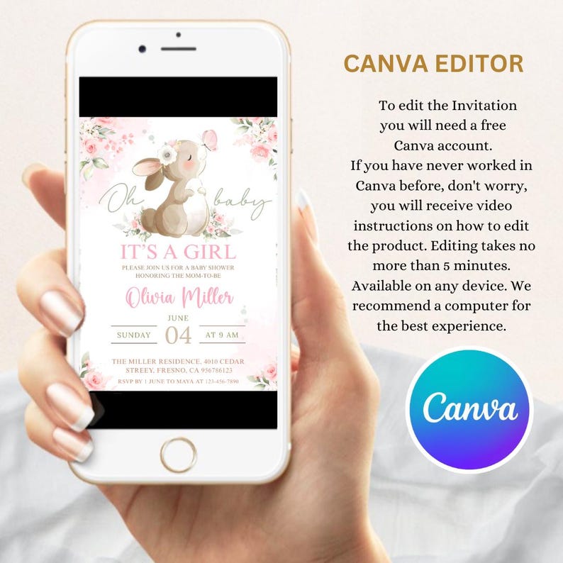 Puede incluir: Un smartphone muestra una invitaci&oacute;n a un baby shower con una ilustraci&oacute;n de conejito y el texto "Oh baby, It's a Girl." La invitaci&oacute;n incluye la fecha, hora y lugar. El logotipo de Canva es visible.