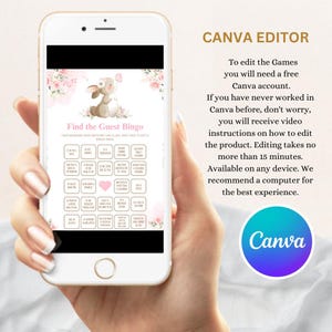 May include: A smartphone displays a baby shower game, "Find the Guest Bingo," with a bunny illustration and floral accents. The screen also shows instructions for editing the game using Canva.