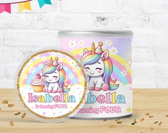Etiqueta editable de Pringles de unicornio, diseño de unicornio arcoíris, linda etiqueta de unicornio para fiesta, etiqueta editable para bolsa de papas fritas, etiqueta de niña margarita, fiesta mágica UNI01