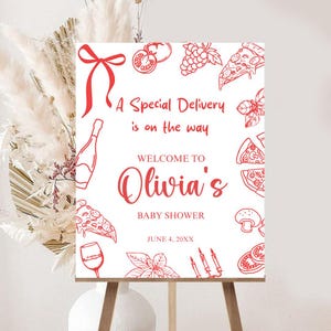 Pizza Spezial Lieferung Willkommensschild A spezielle Lieferung ist Unterwegs Baby Shower Willkommensschild Pizza Poster Template Gender Neutral Wein PD02