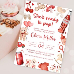 May include: Baby shower invitation featuring watercolour illustrations of baby-related items in red and beige. The invitation reads "She's ready to pop!" and includes details for Olivia Miller's baby shower, including the date, time, and location.