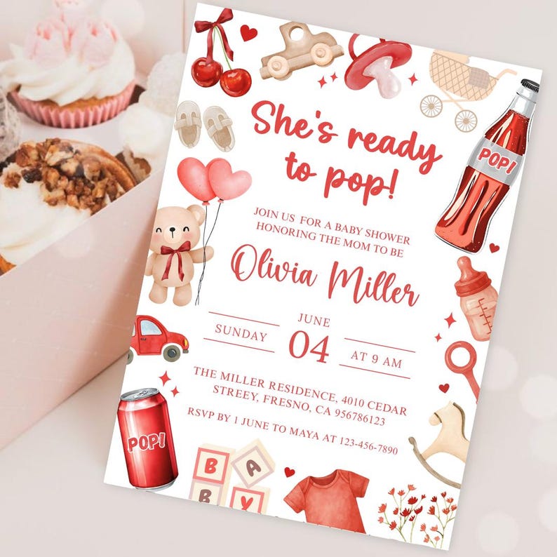May include: Baby shower invitation featuring watercolour illustrations of baby-related items in red and beige. The invitation reads "She's ready to pop!" and includes details for Olivia Miller's baby shower, including the date, time, and location.