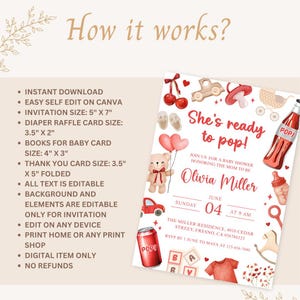May include: Digital baby shower invitation with the text "She's ready to pop!" and details for Olivia Miller's baby shower. The invitation features illustrations of baby-related items, including a teddy bear, baby bottle, and a red car.