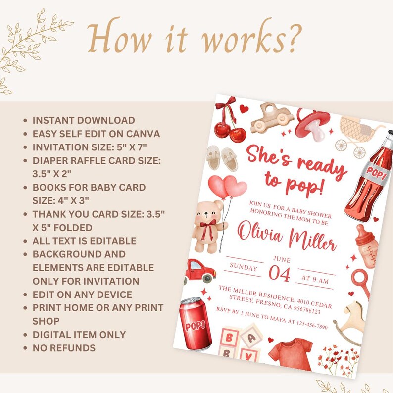 May include: Digital baby shower invitation with the text "She's ready to pop!" and details for Olivia Miller's baby shower. The invitation features illustrations of baby-related items, including a teddy bear, baby bottle, and a red car.