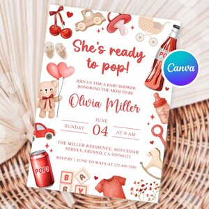 May include: Baby shower invitation featuring watercolour illustrations of baby-related items in red and beige. The invitation text reads "She's ready to pop!" and includes the name Olivia Miller, date, time, and address.