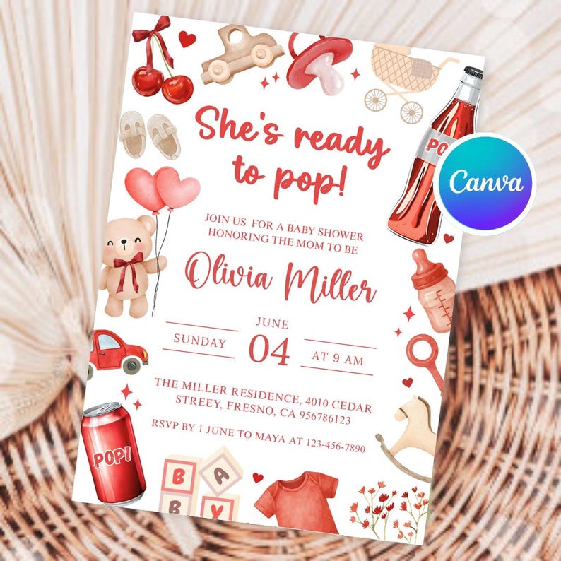 May include: Baby shower invitation featuring watercolour illustrations of baby-related items in red and beige. The invitation text reads "She's ready to pop!" and includes the name Olivia Miller, date, time, and address.