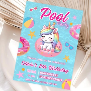Inbjudan till poolparty med regnbågsfärgade enhörningar, poolparty med flicka, enhörning, redigerbar inbjudan, sommarkänsla PP001