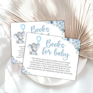 Livres baby shower éléphant pour bébé carte éléphant avec ballons Livres baby shower garçon pour bébé garçon fleurs bleues élégantes ELE01