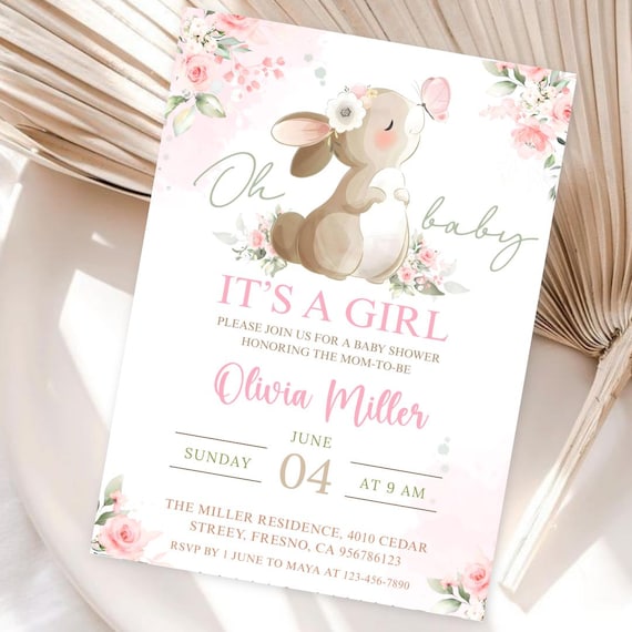 Cute Bunny Baby Shower Invitation Some Bunny is on the way Invite Its a Girl Sweet Bunny Invite Cute Bunny Invitation Pink Flowers BUN01