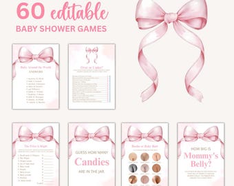 Könnte beinhalten: Rosa Babyparty-Spielkarten mit Schleifenillustrationen. Die Karten enthalten Spiele wie "Baby Around the World Answers", "Over or Under?", "The Price is Right", "Guess How Many Candies", "Boobs or Baby Butt" und "How Big is Mommy's Belly?"