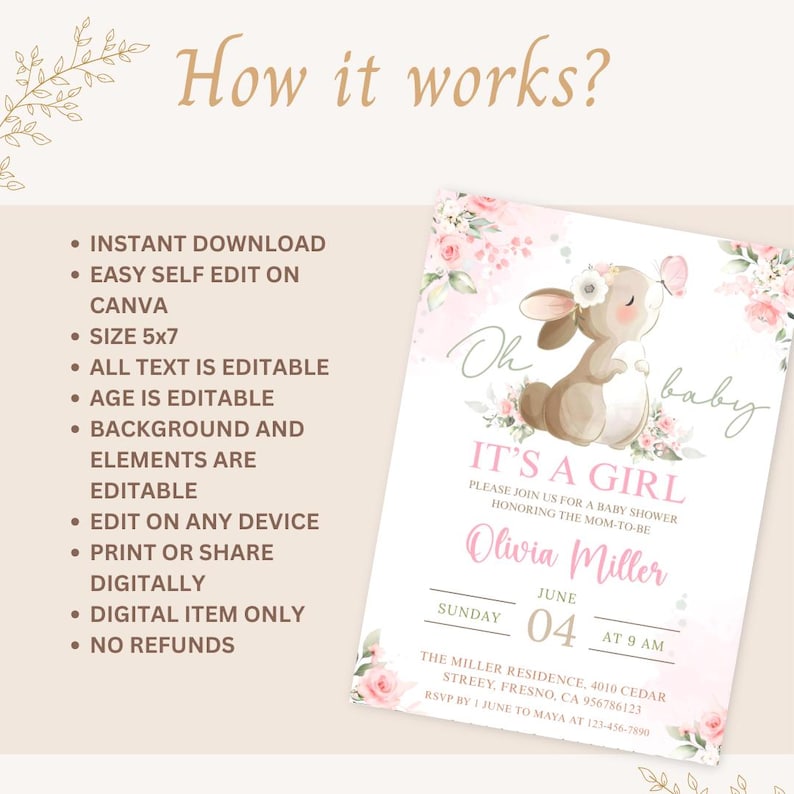Puede incluir: Una invitaci&oacute;n a un baby shower con un dise&ntilde;o floral y de conejito. La invitaci&oacute;n dice "Oh baby, It's a Girl" e incluye detalles del evento. La invitaci&oacute;n mide 12,7 x 17,8 cm y es digitalmente editable.