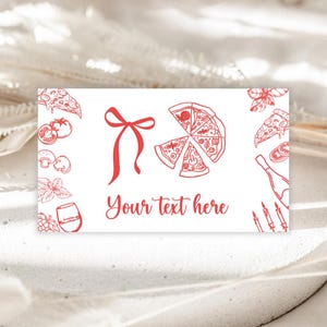 Bearbeitbare Pizza-Sonderlieferung Lebensmitteletikett Eine spezielle Lieferung ist unterwegs Babyparty-Lebensmittelkarte italienisches Thema Pizza und Wein PD02