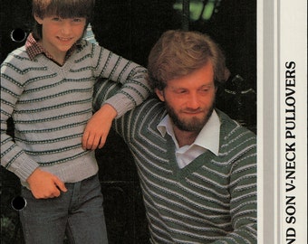 Mens Father & Son Striped V-Neck Sweater - Vintage - Knitting Pattern Only - PDF Digital Download