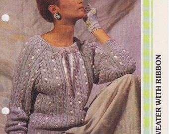 Ladies Cotton Cable Sweater With Ribbon Decoration - Vintage - Knitting Pattern Only - PDF Digital Delivery