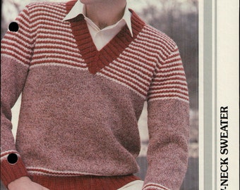 Vintage Mens Striped V-Neck Sweater Knitting Pattern - Knit Pattern Only - PDF