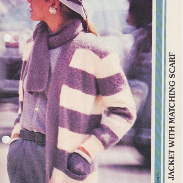 Ladies Striped Long Jacket with Matching Scarf - Vintage - Easy to Knit - Knitting Pattern Only - PDF - Digital Delivery