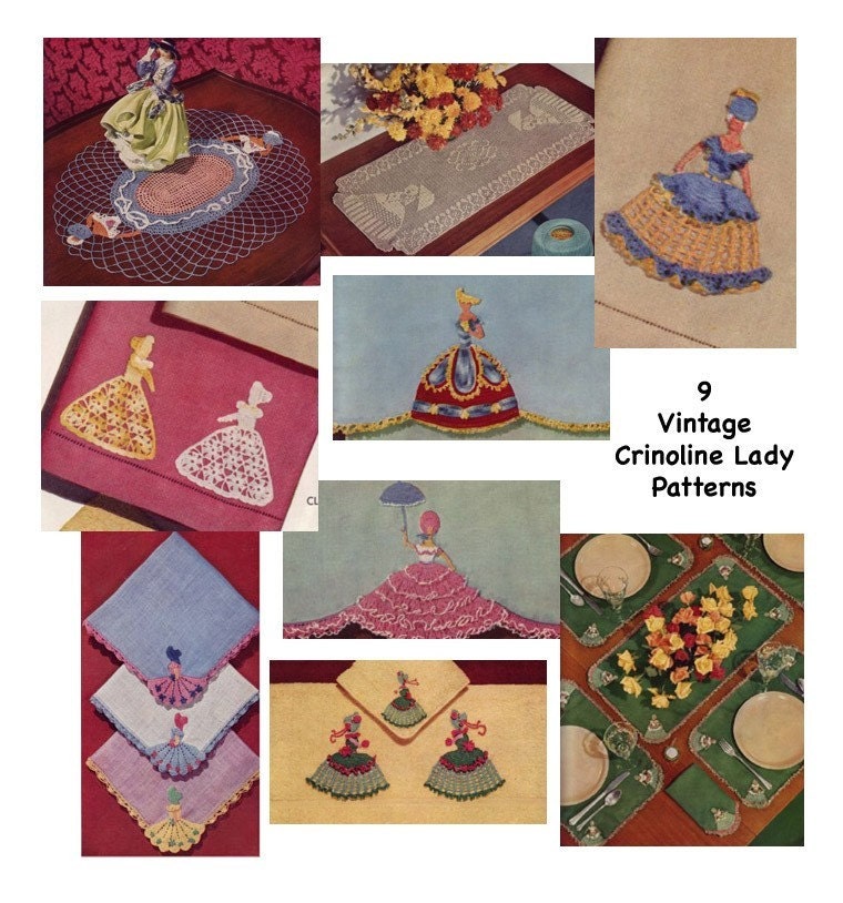 9 Vintage 1940's Victorian Crinoline Lady Crochet Patterns PDF 