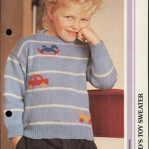 Boy&#39;s Striped Intarsia Sweater - Train Car & Rocking Horse Motifs - Vintage - Knitting Pattern Only - PDF - Digital Delivery
