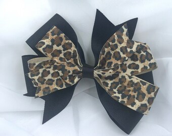 5" Leopard Print and Black Grosgrain Ribbon Hairbow on Non-Slip Alligator Clip