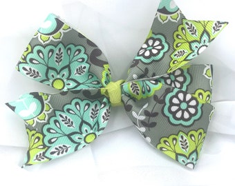 5" Gray, Teal, and Lime Green Paisley Grosgrain Ribbon Pinwheel Hairbow on Non-Slip Alligator Clip