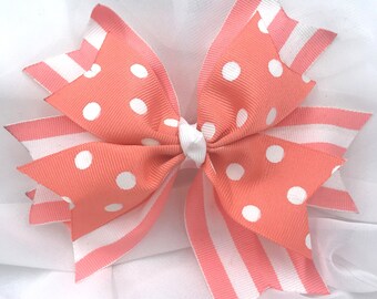 5.5" Peach Polka Dot and Striped Grosgrain Ribbon Hairbow on Non-Slip Alligator Clip