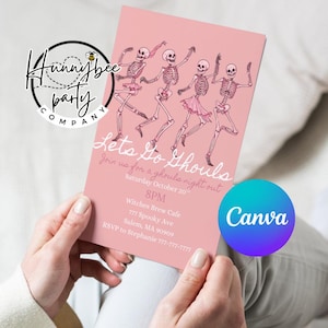 May include: A pink Halloween party invitation featuring dancing skeleton illustrations and the text "Lets Go Ghouls". The invitation includes event details: date, time, location, and RSVP information.