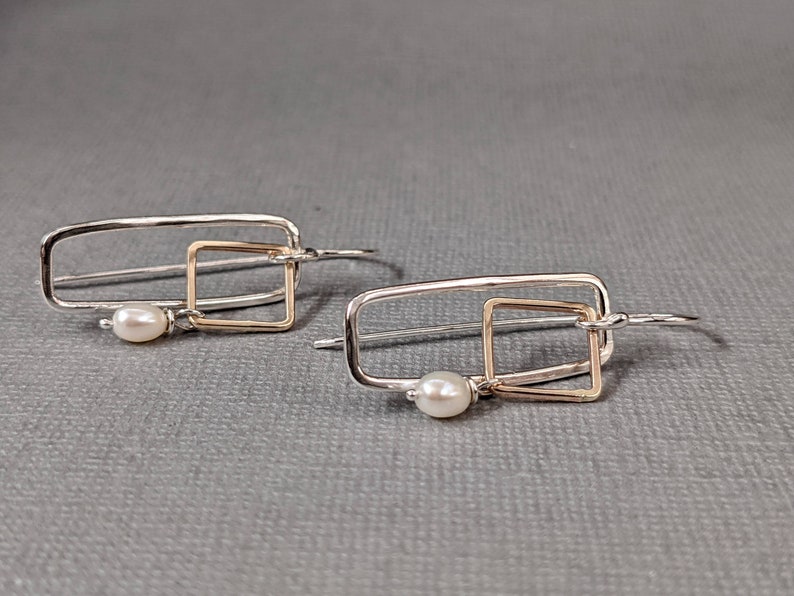 Sterling Silver Gold Stacked Art Deco Dangle Earrings handmade afbeelding 3