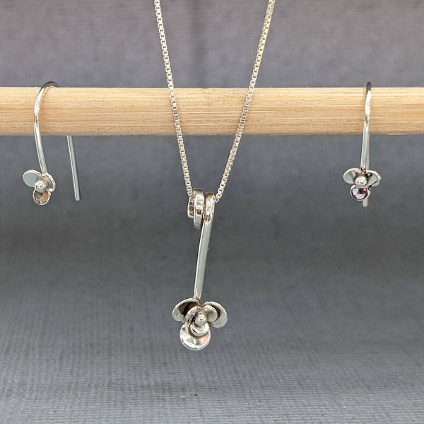 Sterling Silver Tiny Flower Drop Earrings Pendant Set handmade