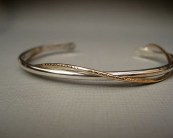 Sterling Silver Two Tone Wrap Cuff Bracelet with Gold Accent handmade