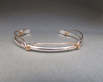 Sterling Silver Nautical Wrap Cuff with Gold Filled Knots handmade