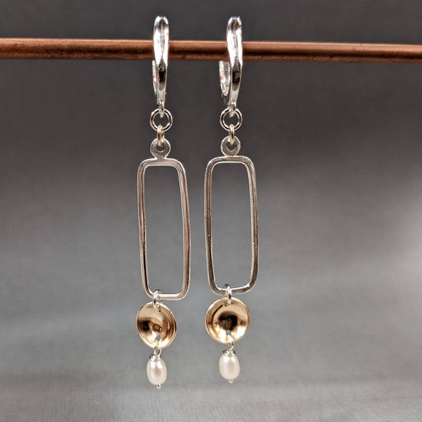 Sterling Silver Gold Pearl Earrings Long handmade