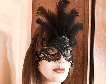 Feathered black Mask filled with drama & mystique! Halloween, New Year's Eve, Holidays and more! FREE SHIP!