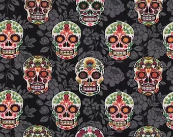 Day of the Dead Sugar Skull fabric on black and gray floral background - 100% cotton