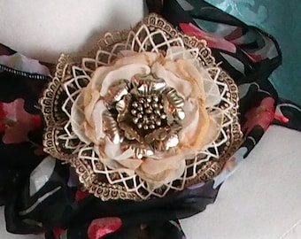 Handmade Flower Clip – Vintage 50's Christian Dior Trim, Golden Brass Centerpiece for Hair, bag, scarf or lapel