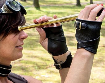 Leather Fingerless Half Gloves: Gender neutral 2 in one style Steampunk, Goth, Biker, free ship